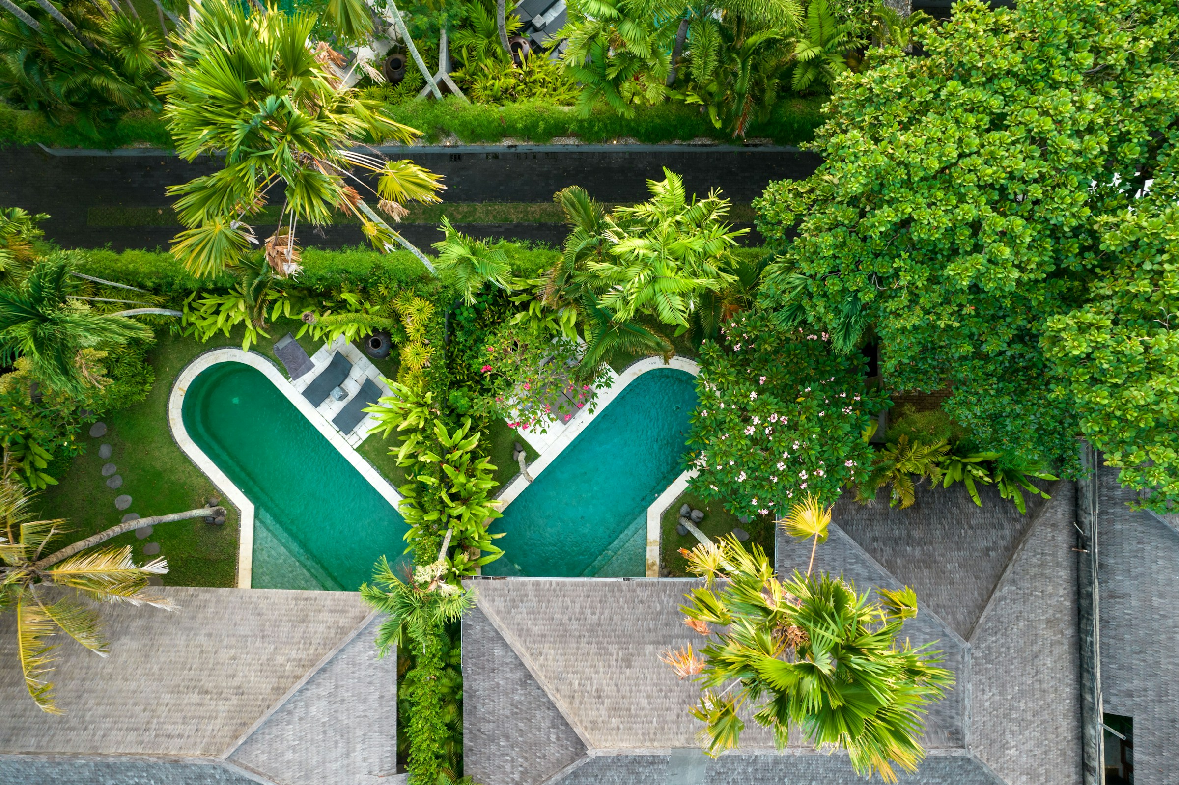 Aerial view of twin heart-shaped pools