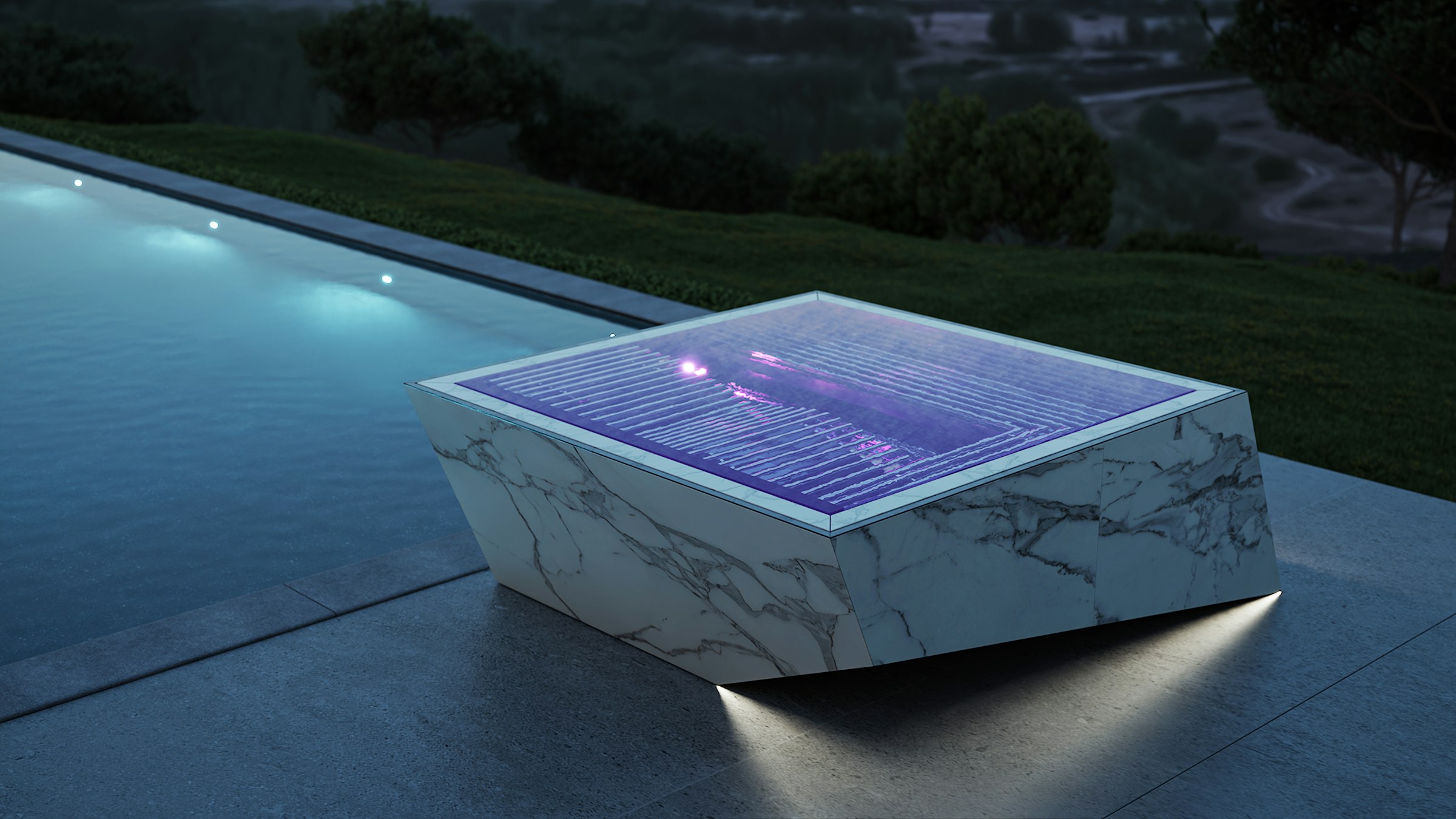 Illuminated marble cube poolside at night