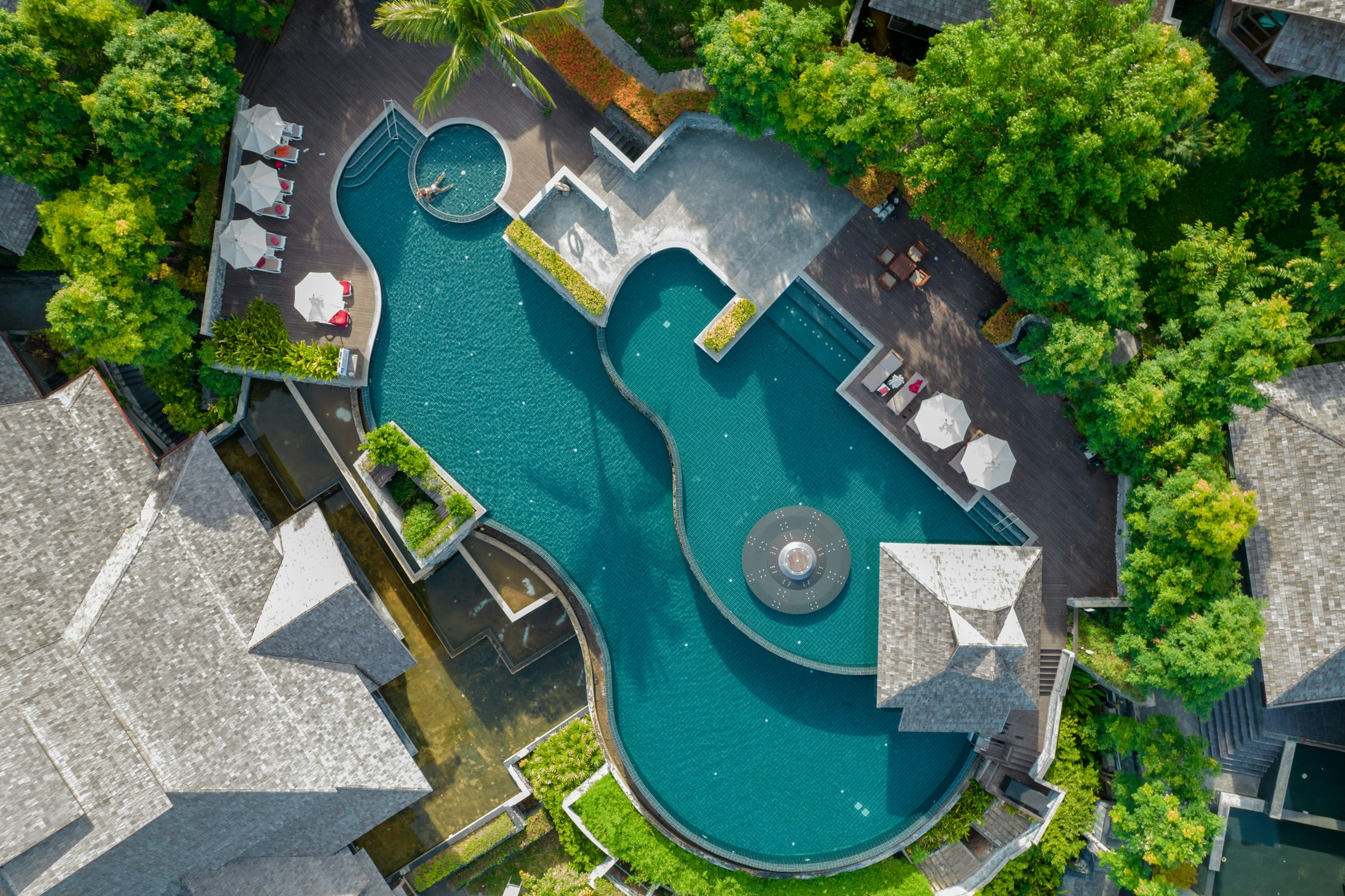 Aerial view of resort pool with palms