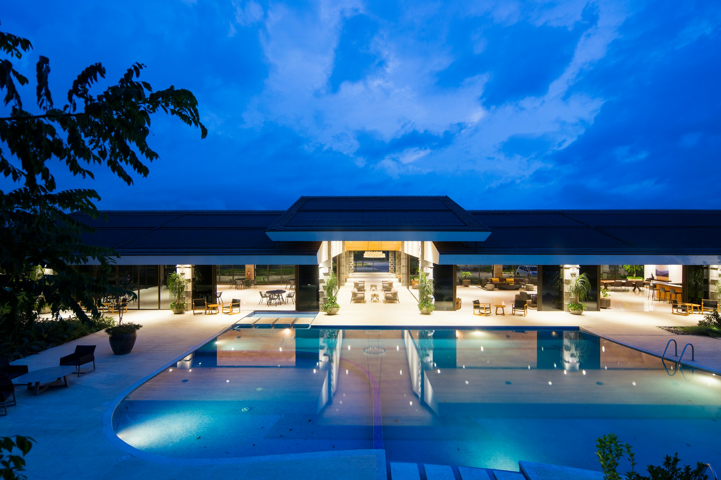 Poolside terrace at blue hour
